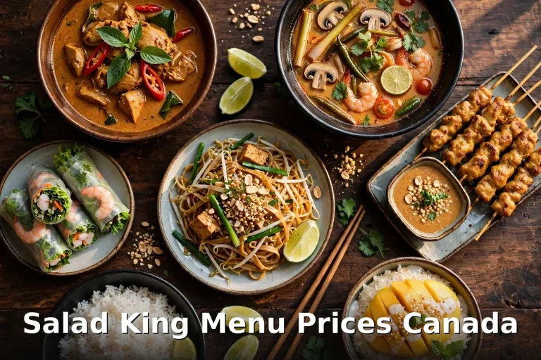salad king menu prices Canada 2026: AI-generated Thai spread of red curry, tom yum, spring rolls, stir-fried noodles, chicken satay, rice and mango at Salad King Toronto