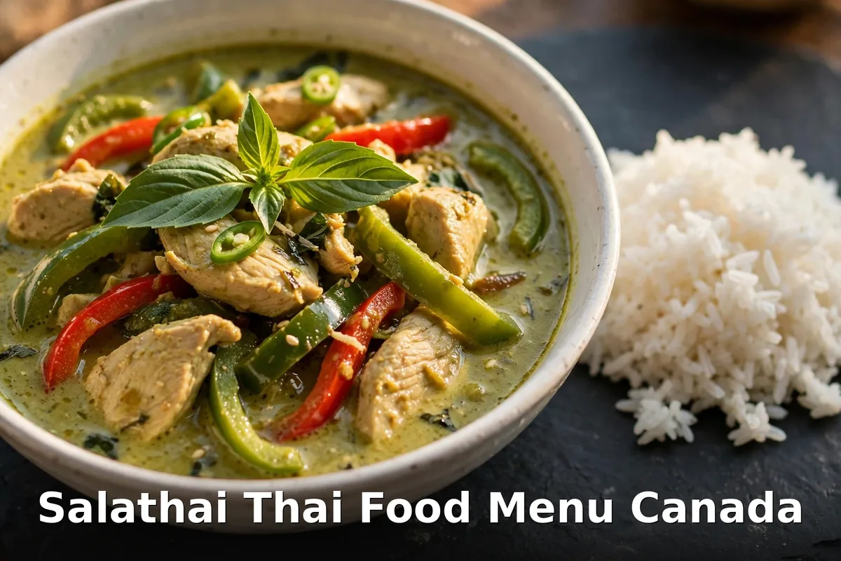 Salathai green curry with chicken, peppers and jasmine rice, salathai menu prices canada