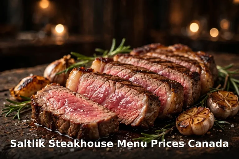 Saltlik Steakhouse menu prices Canada 2026 - sliced medium-rare steak with roasted garlic and rosemary