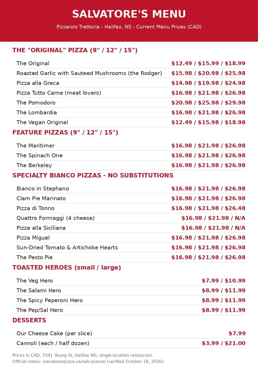 Salvatore's official current menu card with all original pizza, feature pizza, white pizza, hero and dessert prices in CAD, salvatores menu prices canada