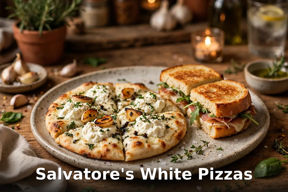 White pizzas and toasted Italian sandwiches on a rustic table, salvatores menu prices canada 2026