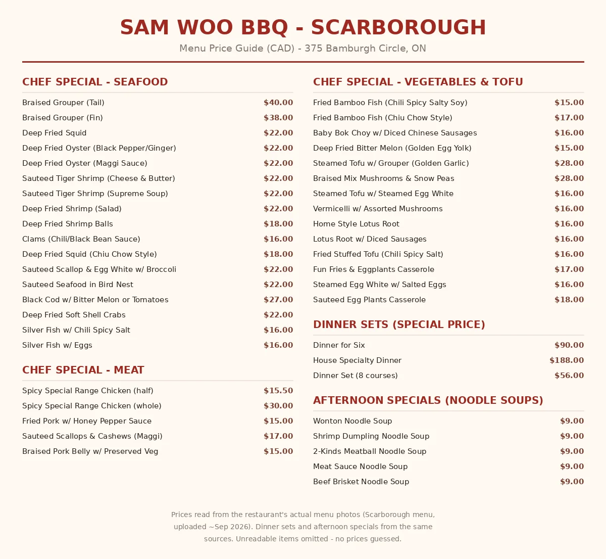 Sam Woo BBQ menu card showing the chef special price guide: Spicy Special Range Chicken $15.50/$30, Braised Grouper $38/$40, Sam Woo BBQ menu prices Canada