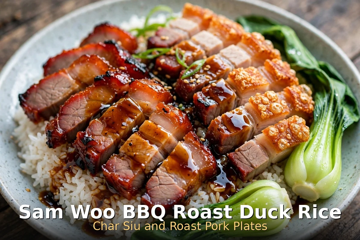 AI-generated Cantonese BBQ pork rice plate, Sam Woo BBQ famous roast duck and rice, Sam Woo BBQ menu prices