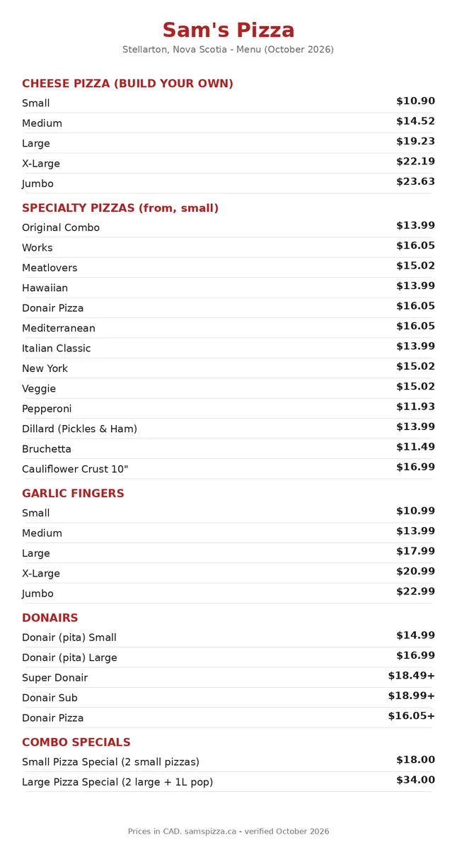 Sam's Pizza menu prices Canada: official current menu card with pizzas, garlic fingers, donairs, subs and daily specials