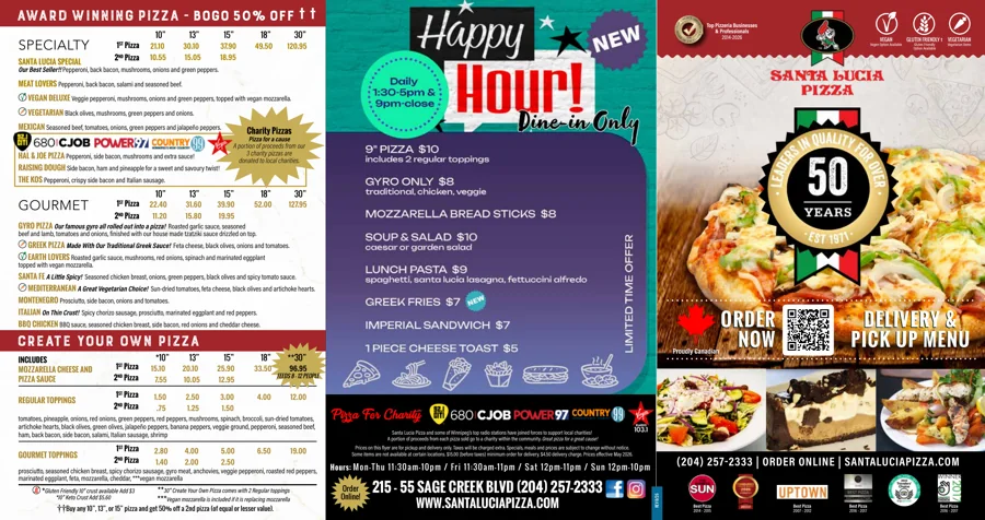 Santa Lucia Pizza official takeout menu card, santa lucia pizza menu prices canada