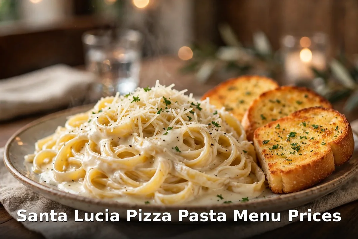 Santa Lucia pizza pasta menu prices: creamy fettuccini alfredo with garlic toast