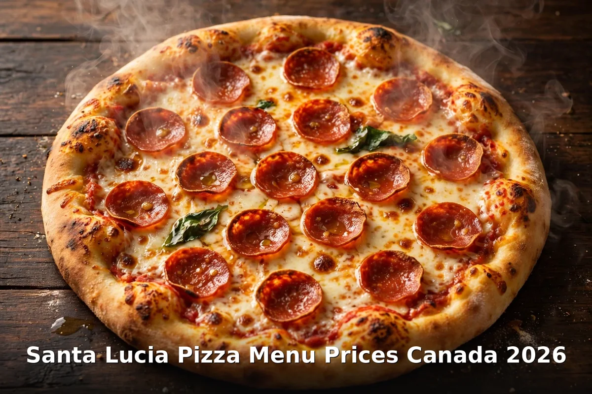 Santa Lucia pizza menu prices Canada 2026: loaded pepperoni pizza with keyword overlay