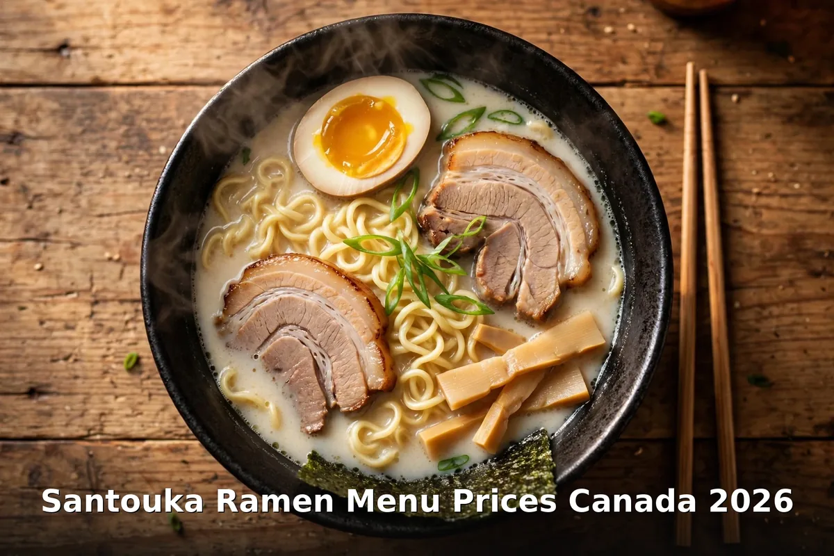 Steaming bowl of Santouka tonkotsu ramen with cha-shu pork, soft egg and bamboo shoots, santouka ramen menu prices canada 2026