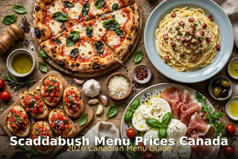 Scaddabush menu prices Canada 2026: Italian pasta, pizza and fresh mozzarella spread