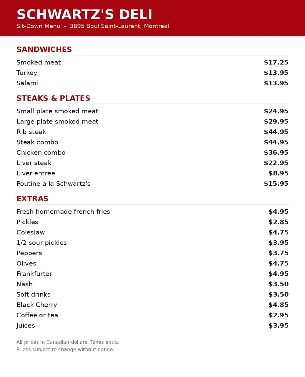 Schwartz's Deli menu card Canada - sit-down menu prices for sandwiches, plates and extras