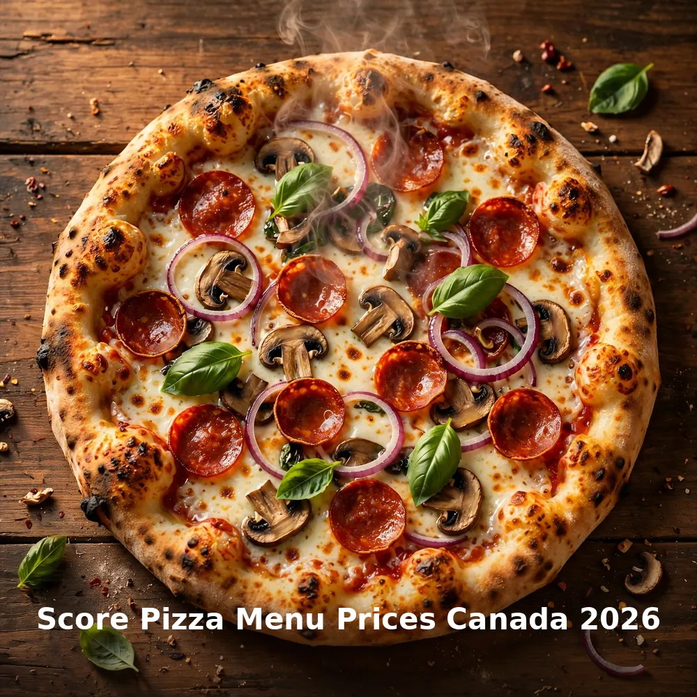 AI-generated stone-fired build-your-own pizza with crisp Score Pizza Menu Prices Canada 2026 text overlay, score pizza menu prices canada