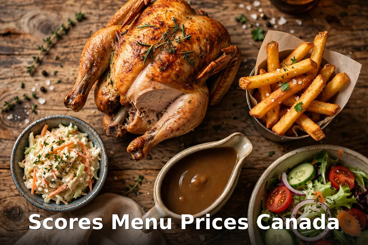 Scores menu prices Canada 2026: AI-generated rotisserie chicken dinner with fries, coleslaw, gravy and salad