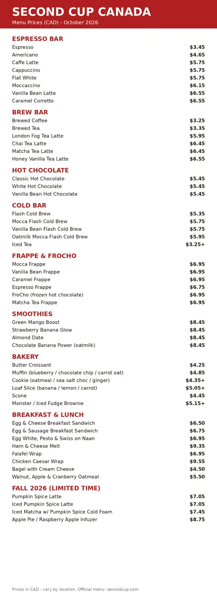 Second Cup menu prices Canada - current menu card 2026
