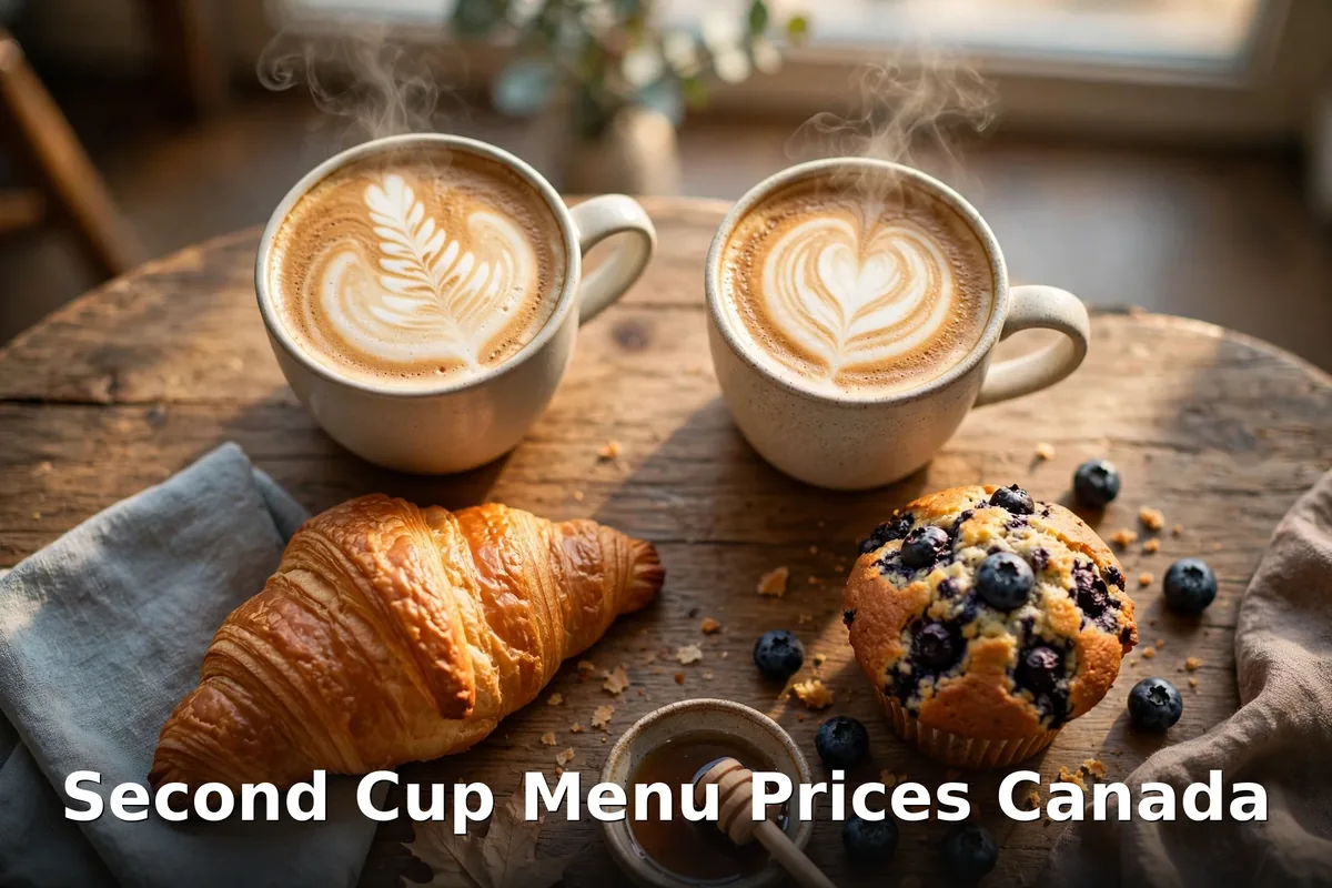 Second Cup menu prices Canada - lattes with croissant and blueberry muffin