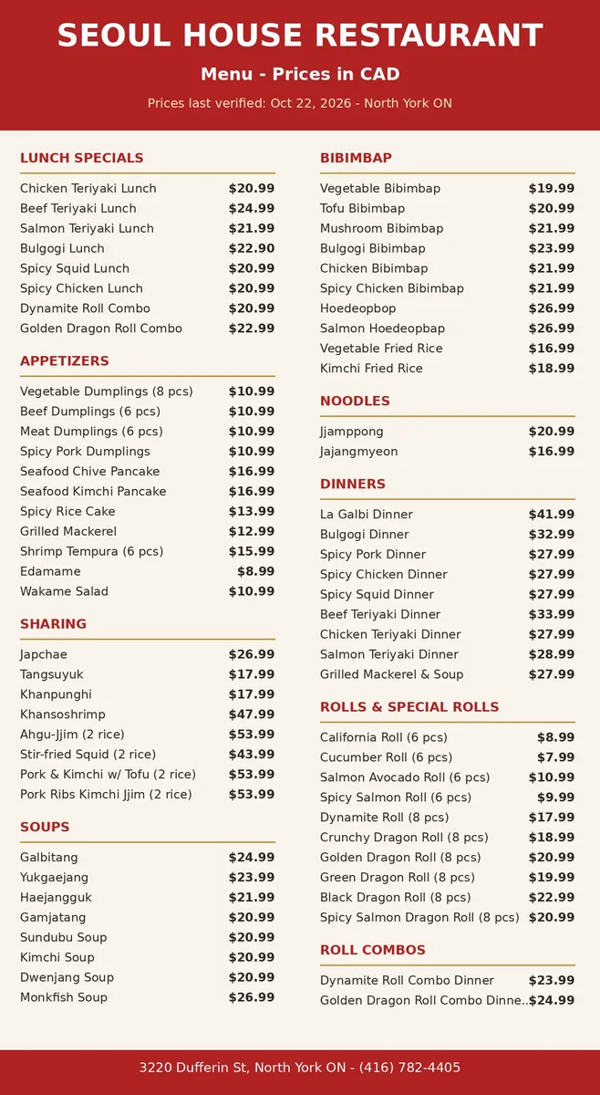 Seoul House official menu card showing Korean dish prices in CAD, seoul house menu prices canada