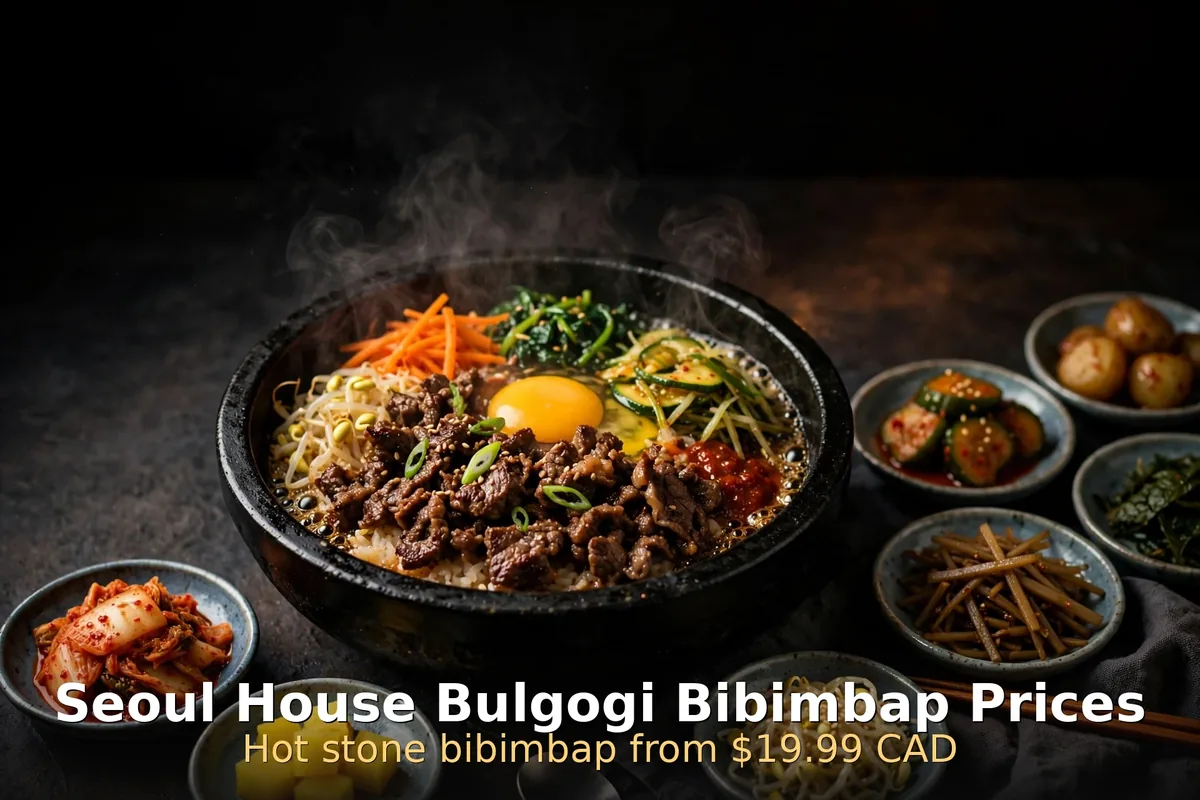 Stone pot of bulgogi bibimbap with egg and banchan, seoul house bibimbap menu prices canada