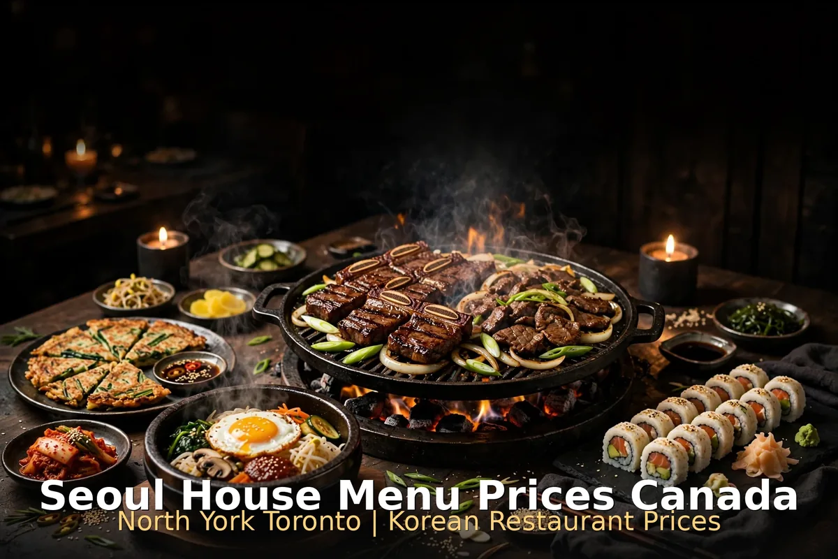 AI-generated Korean BBQ table with galbi, bibimbap and sushi rolls, seoul house menu prices canada 2026