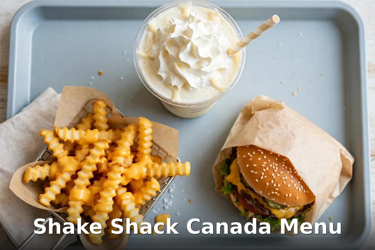 Shake Shack cheeseburger, crinkle-cut cheese fries and frozen custard shake with whipped cream