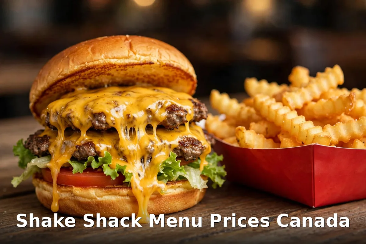 Shake Shack menu prices Canada 2026: double cheeseburger with melted cheese and crinkle fries