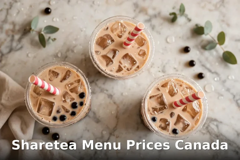 Iced Sharetea bubble tea cups with pearls and striped straws, sharetea menu prices canada 2026