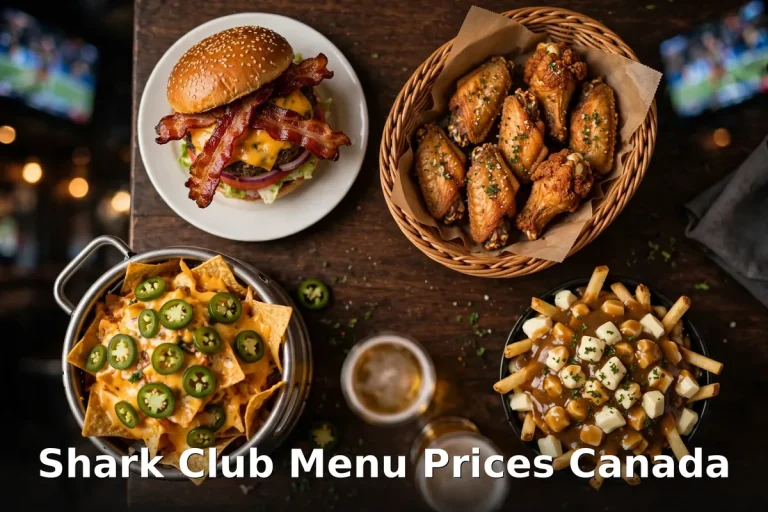 Shark Club sports bar game-day spread with burger, wings, nachos and poutine, shark club menu prices canada 2026