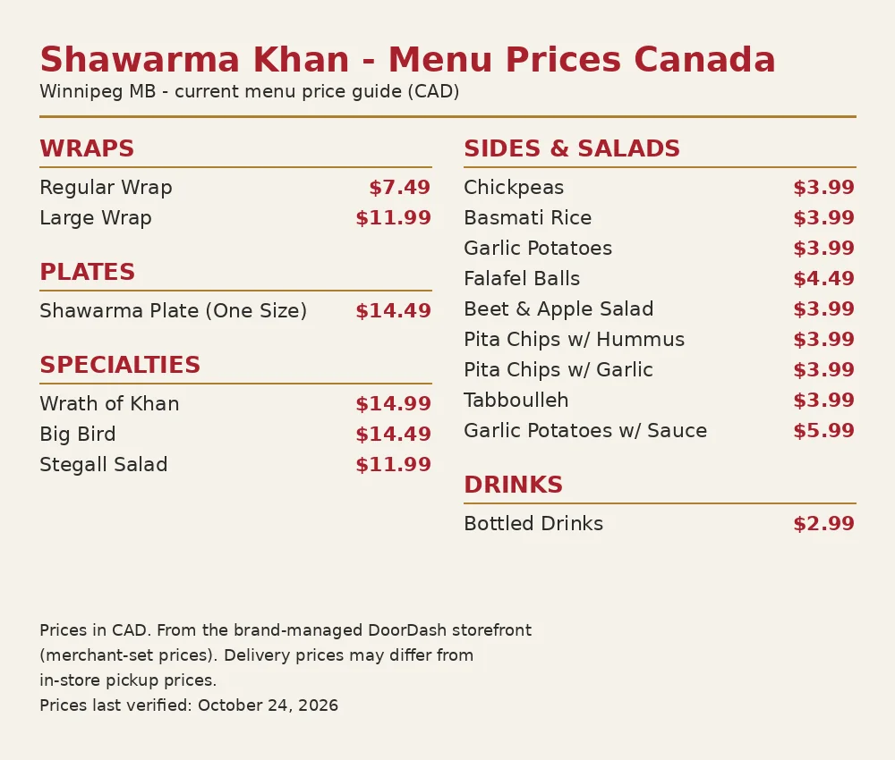 Shawarma Khan menu card with current Canadian prices, shawarma khan menu prices canada
