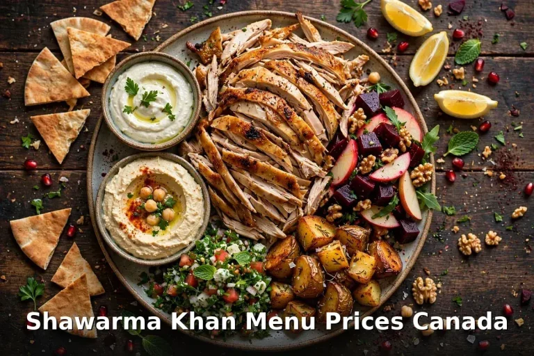 AI-generated Middle Eastern shawarma plate photo with menu prices title, shawarma khan menu prices canada 2026