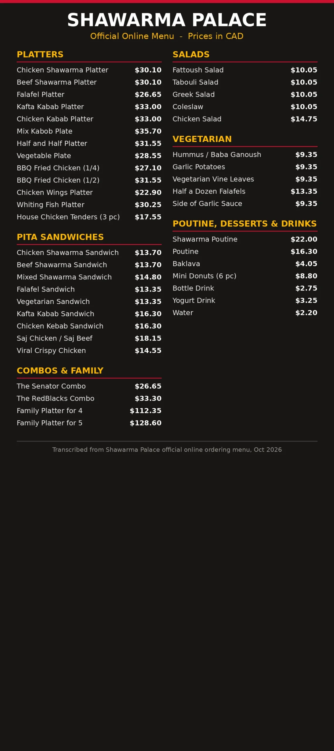 Shawarma Palace official online menu card with shawarma platter, sandwich and combo prices in CAD, shawarma palace menu prices canada