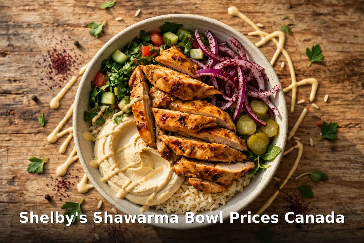 Shelby's shawarma bowl with sliced grilled chicken, hummus, rice, red onion and pickles, shelbys legendary shawarma menu prices canada
