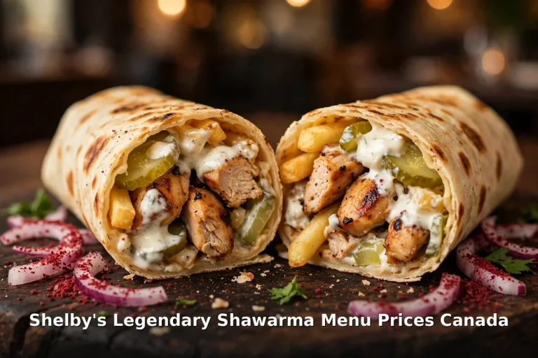 AI-generated shawarma wrab with grilled chicken, fries, pickles and text overlay, shelbys legendary shawarma menu prices canada 2026