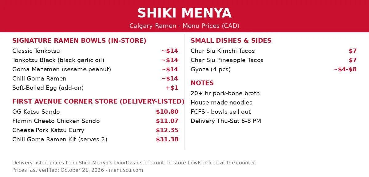 Shiki Menya menu card with current Canadian prices in CAD, shiki menya menu prices canada