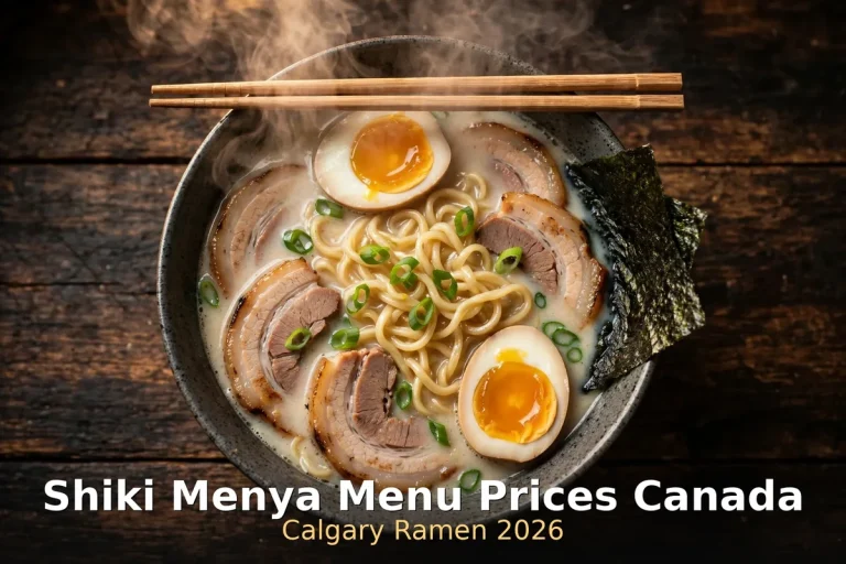 Shiki Menya menu prices Canada 2026 - steaming tonkotsu ramen bowl with chashu pork and soft egg