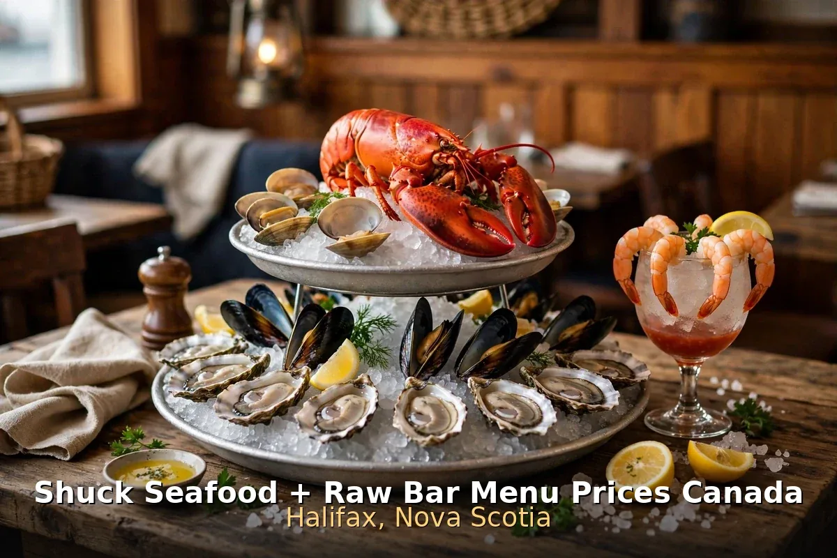 Shuck seafood tower spread Halifax, Shuck Seafood Raw Bar menu prices Canada 2026