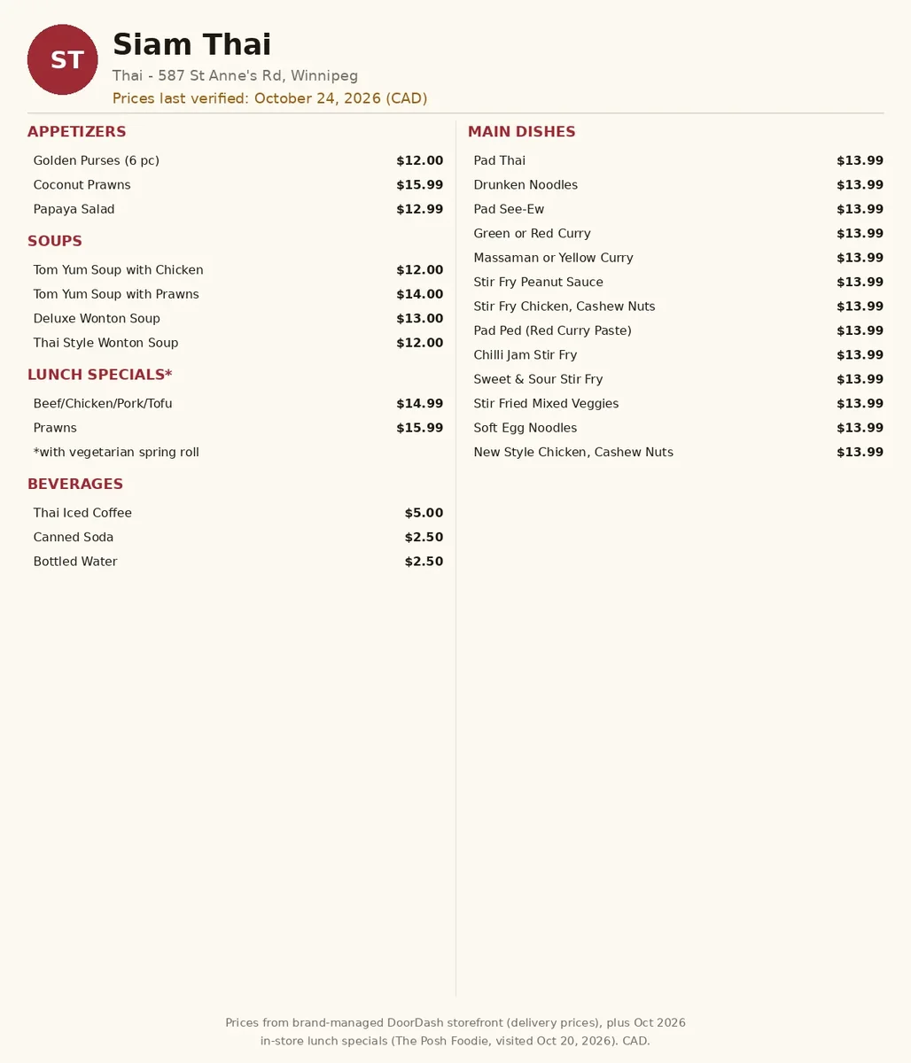 Siam Thai menu card Canada 2026: verified price guide, appetizers $12.00-$15.99, soups $12.00-$14.00, mains $13.99, siam thai menu prices canada