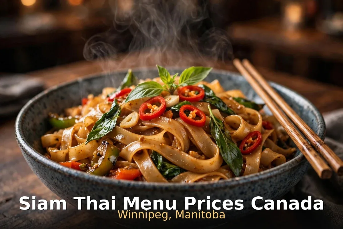 Siam Thai drunken noodles Winnipeg: wide rice noodles with Thai basil and chili, siam thai menu prices canada