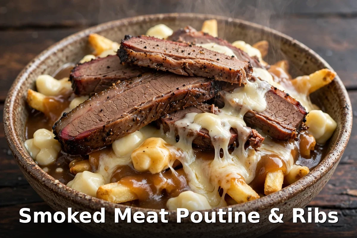 Smoked meat poutine topped with ribs slices at Smoke Meat Pete, smoked meat poutine price at smoke meat pete