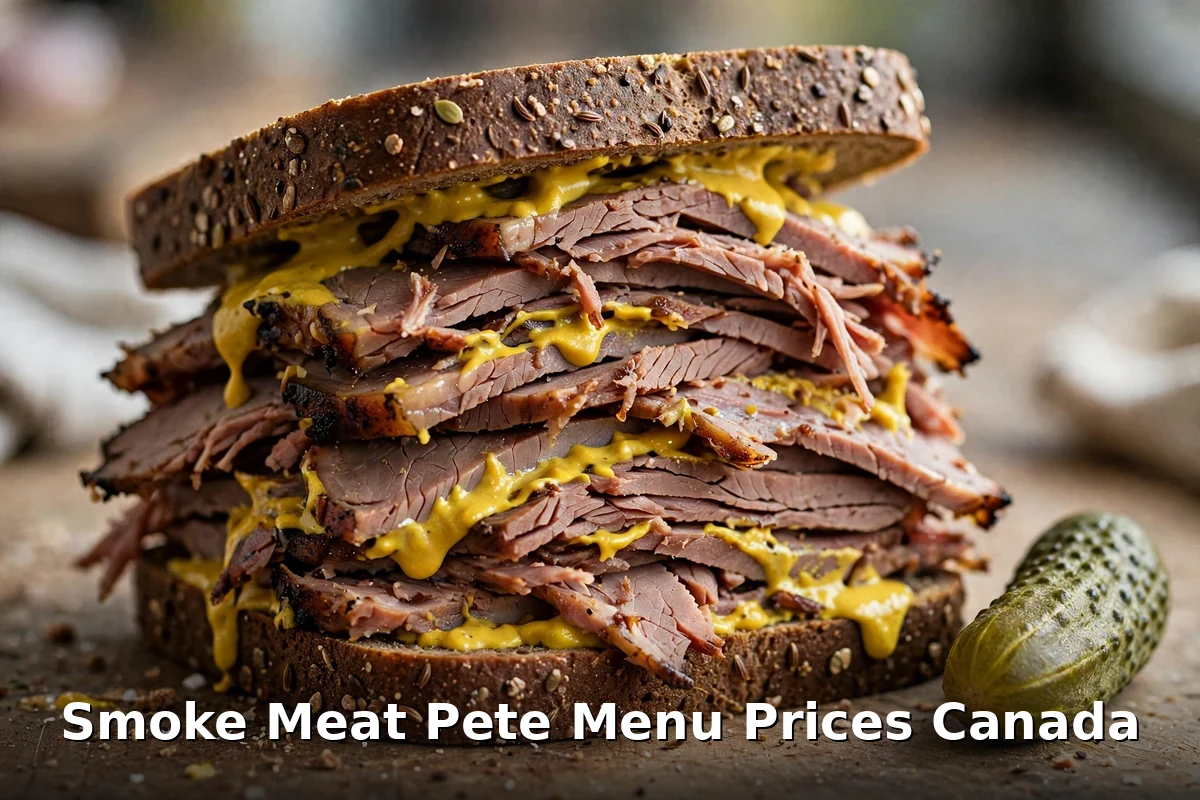 Stacked smoked meat sandwich with mustard and pickle at Smoke Meat Pete, smoke meat pete menu prices canada 2026