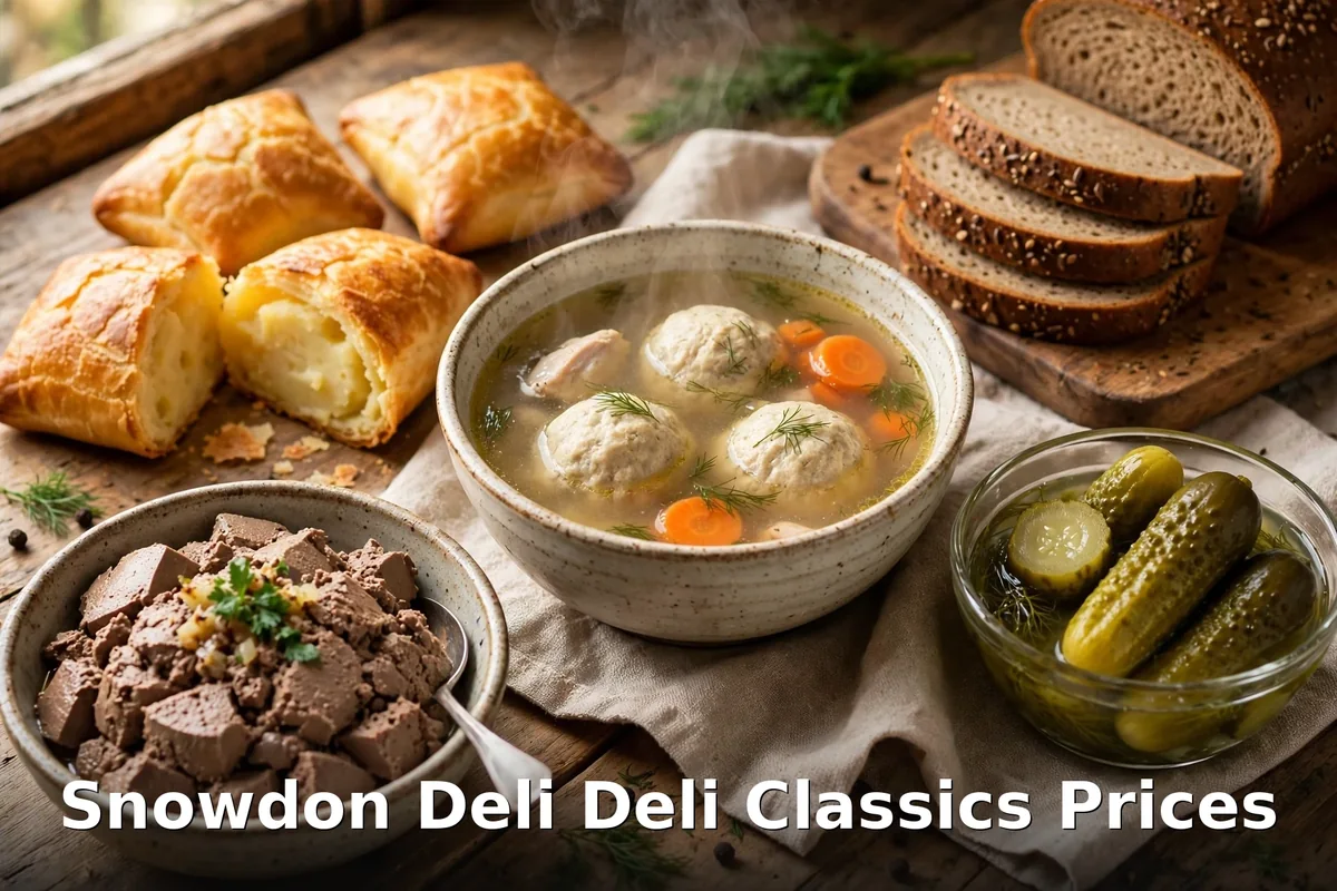 Snowdon Deli deli classics: matzo ball soup, knishes, chopped liver and pickles, snowdon deli deli classics prices