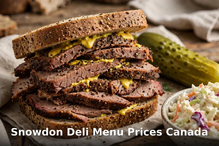 Snowdon Deli menu prices Canada - AI-generated smoked meat sandwich with mustard and pickle, snowdon deli menu prices