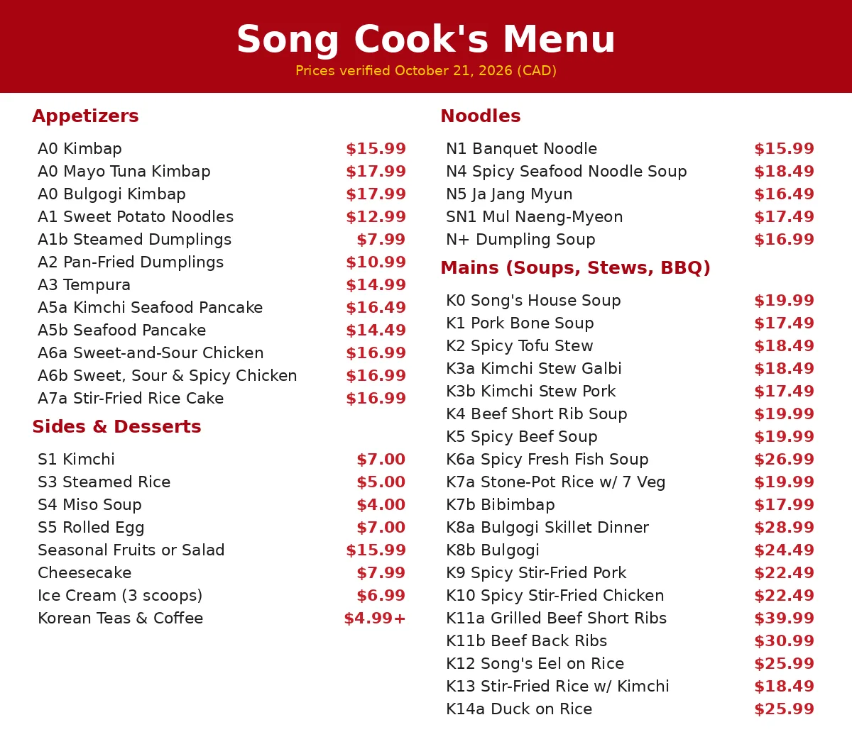 Song Cook's menu card Canada 2026 with verified CAD prices for noodles, mains, appetizers and sides, song cooks menu prices canada