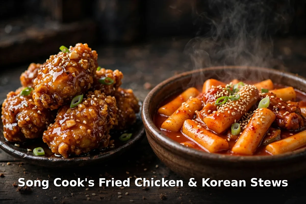 Song Cook's Korean fried chicken and tteokbokki stew, spicy candy-style glaze, song cooks korean fried chicken menu prices canada