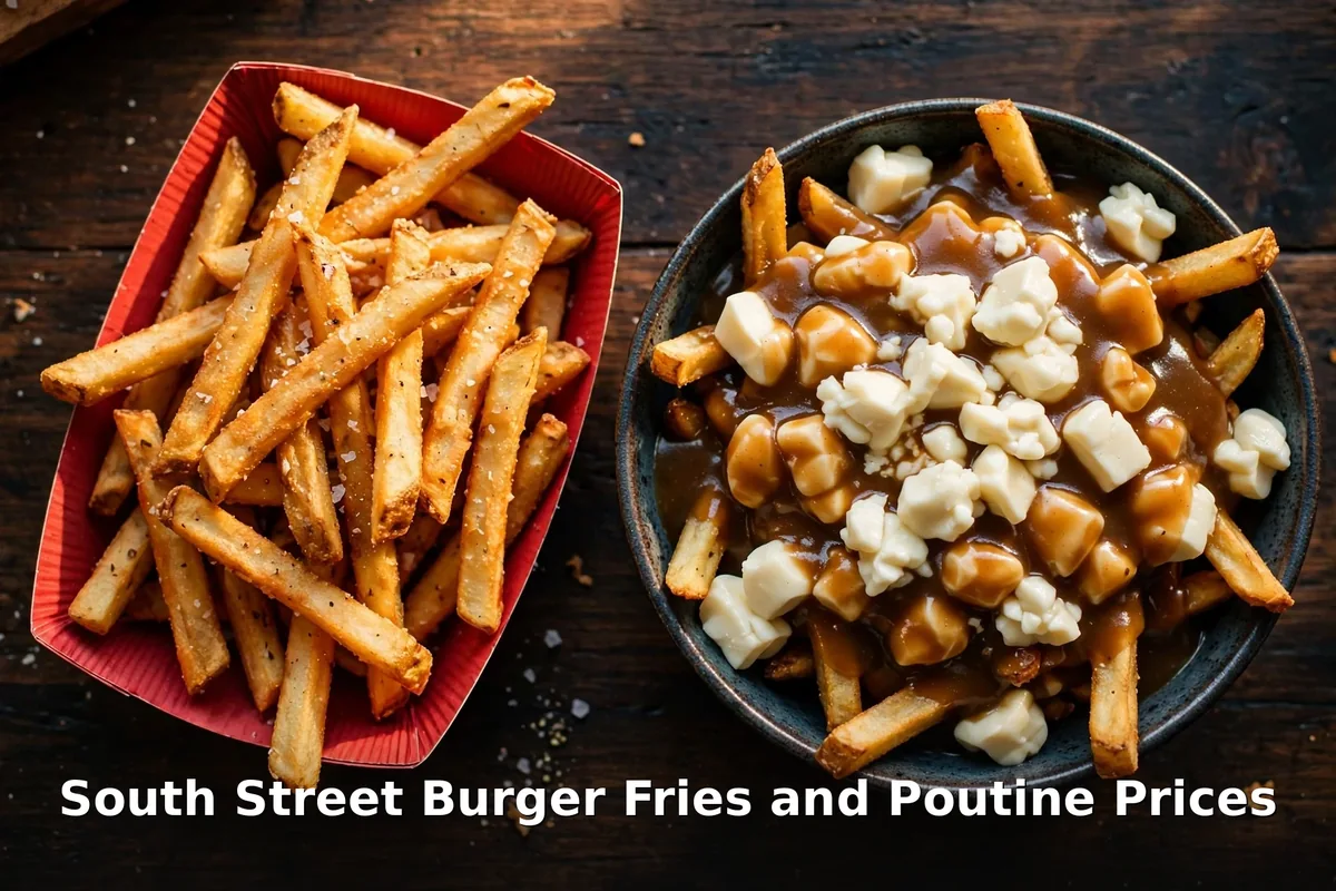 South Street Burger fries and poutine menu prices Canada: house-cut fries and classic poutine with cheese curds and hot gravy