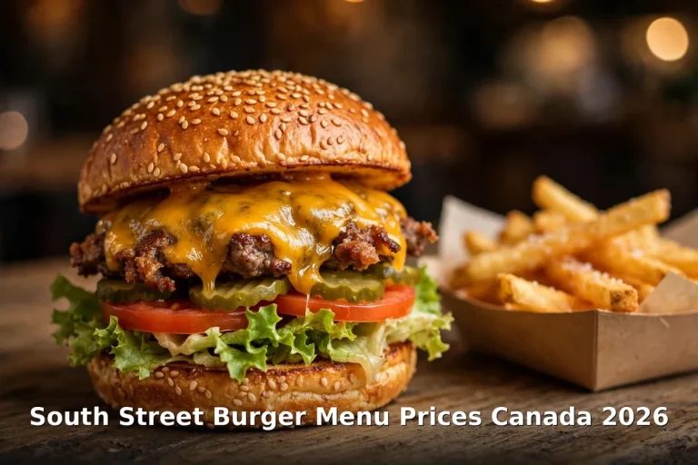 South Street Burger menu prices Canada 2026: smash-style cheeseburger with melted cheese and house-cut fries