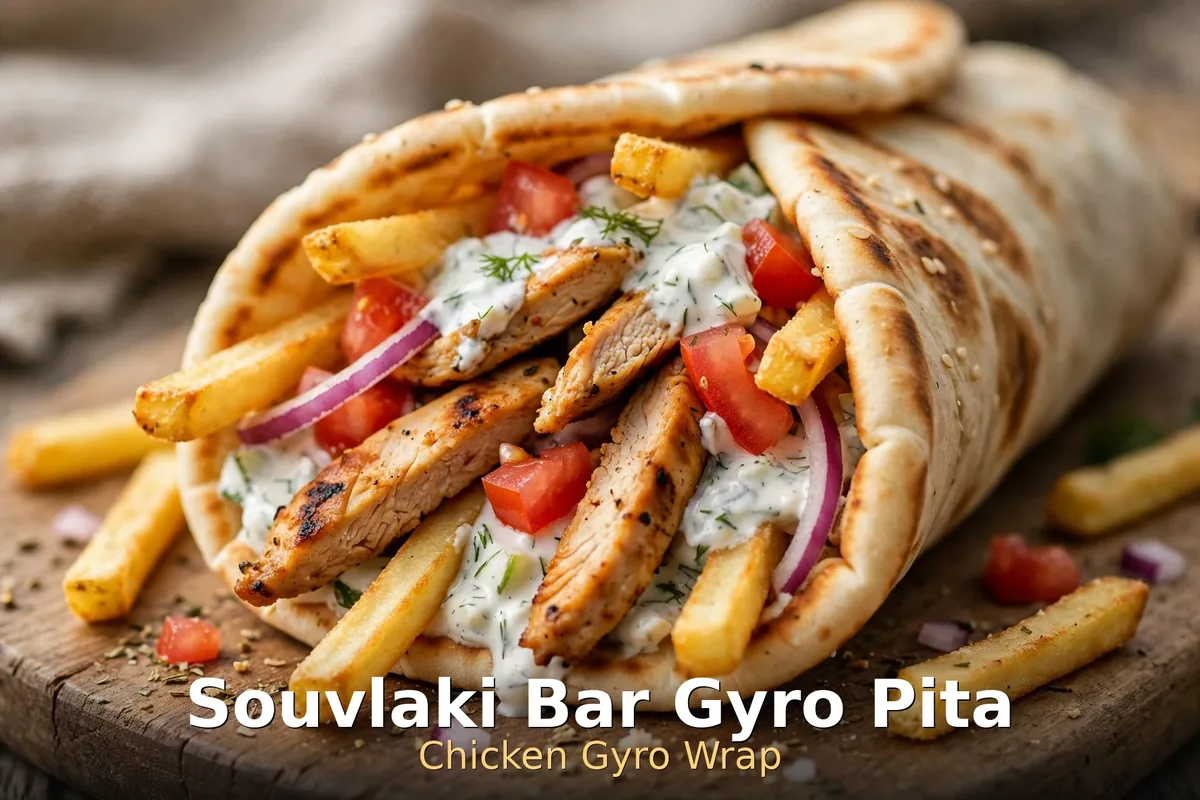 Souvlaki Bar chicken gyro pita wrap with tzatziki, tomatoes and fries, souvlaki bar menu prices