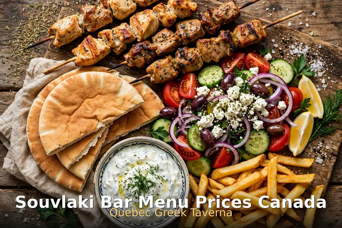 Souvlaki Bar menu prices Canada - Greek souvlaki skewers platter with pita, tzatziki, Greek salad and fries, souvlaki bar menu prices