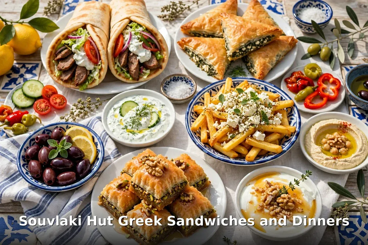 Souvlaki Hut Greek food spread: gyros wraps, spanakopita, Greek fries with feta, baklava and dips, souvlaki hut menu prices