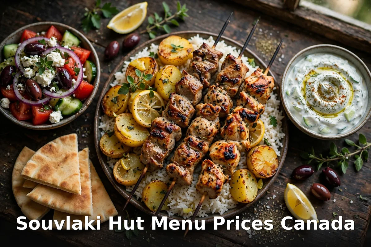 Souvlaki Hut menu prices Canada - Greek souvlaki skewers dinner with rice, potatoes, pita, tzatziki and Greek salad, souvlaki hut menu prices