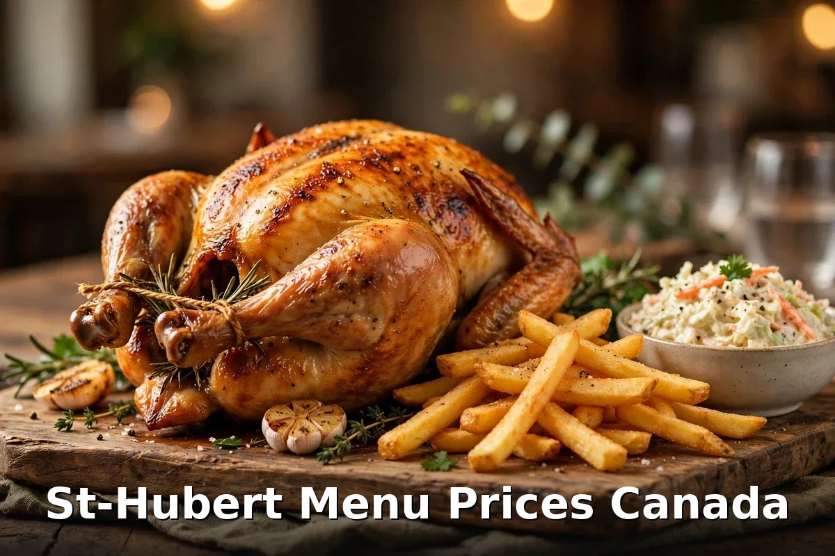 St-Hubert menu prices Canada 2026: golden rotisserie chicken with signature BBQ sauce, st-hubert rotisserie chicken prices