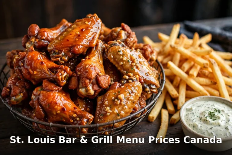 Basket of glazed chicken wings with the St Louis Bar & Grill Menu Prices Canada 2026 text, st louis bar grill menu prices canada