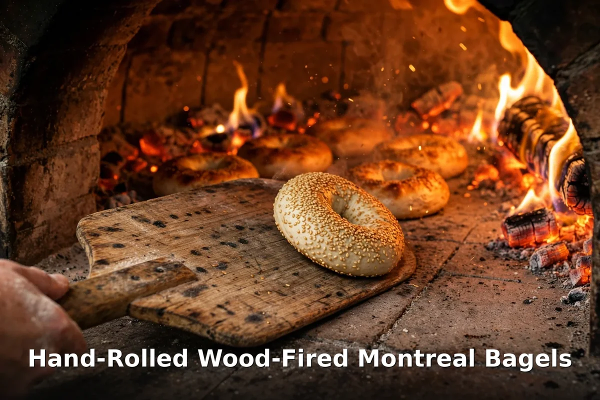 St-Viateur Bagel wood-fired oven baking hand-rolled Montreal bagels, st-viateur bagel menu prices canada